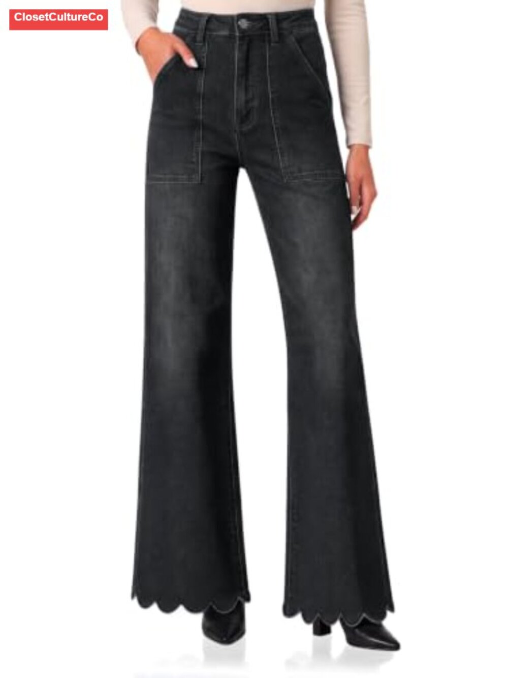 High Waisted Scalloped Wide Leg Flared Denim Jeans Stretch Tummy Control